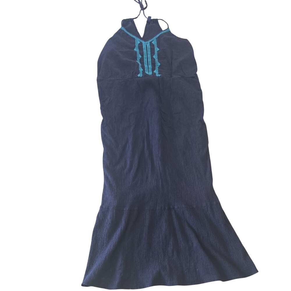 GAP Navy Blue Cotton Gauze Halter Maxi Dress with Turquoise Embroidery